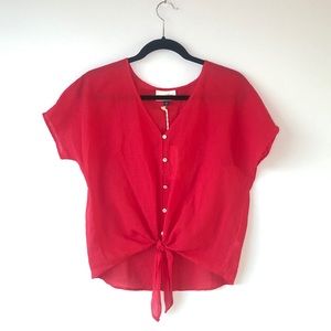 Red Button Down Tie-Front Top